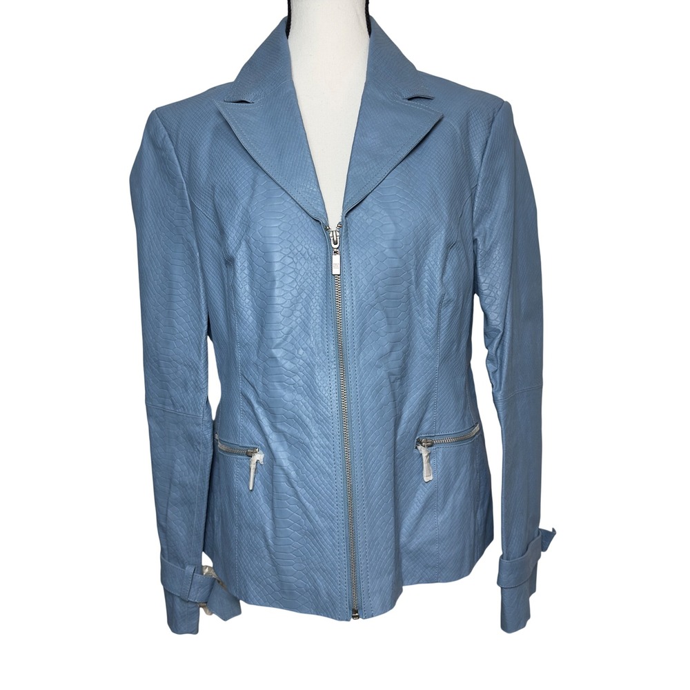 VTG Pamela McCoy Snake Embossed Leather Jacket Blazer Blue Women Medium Timeless